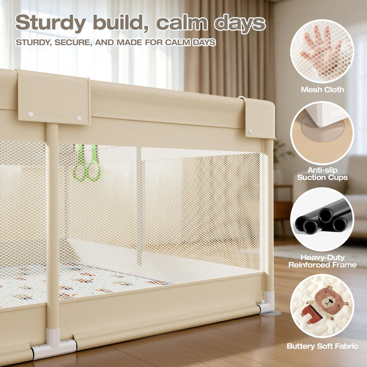 Baby Playpen with Mat, 47x47in Beige B8019
