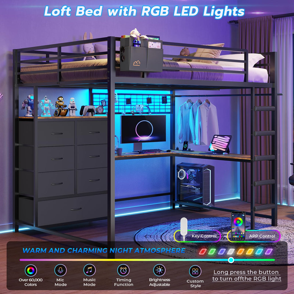 Full Size Loft Bed with L-Shaped Desk, 7 Storage Drawers, LED Lights and Charging Station, Black B6726