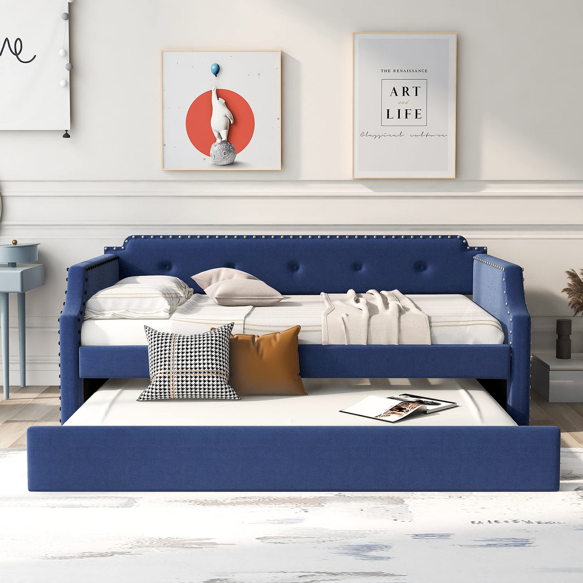 Blue Linen Upholstered Daybed with Trundle Twin Size R4261