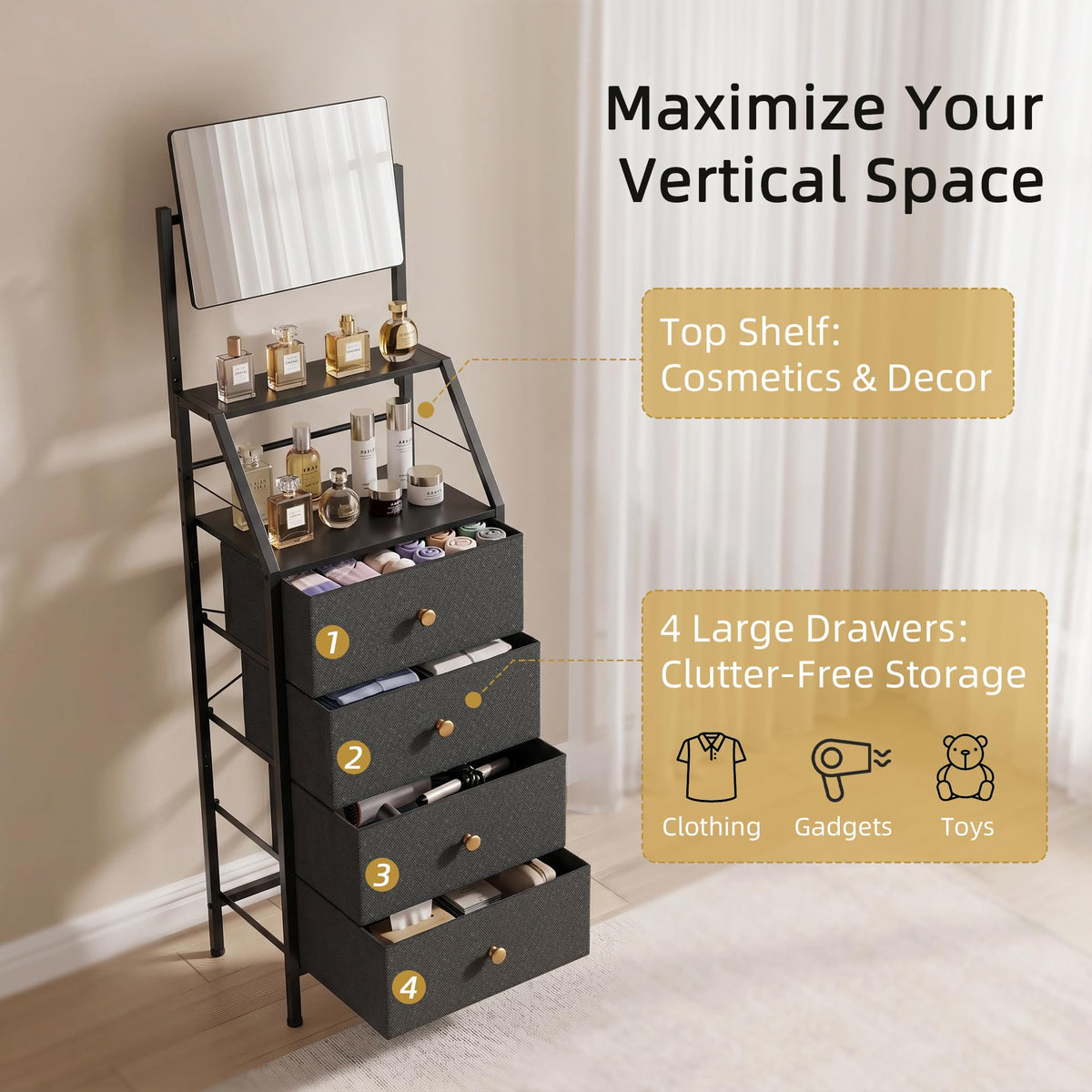 Black 4 Drawer Vanity Dresser with Adjustable Mirror S4620