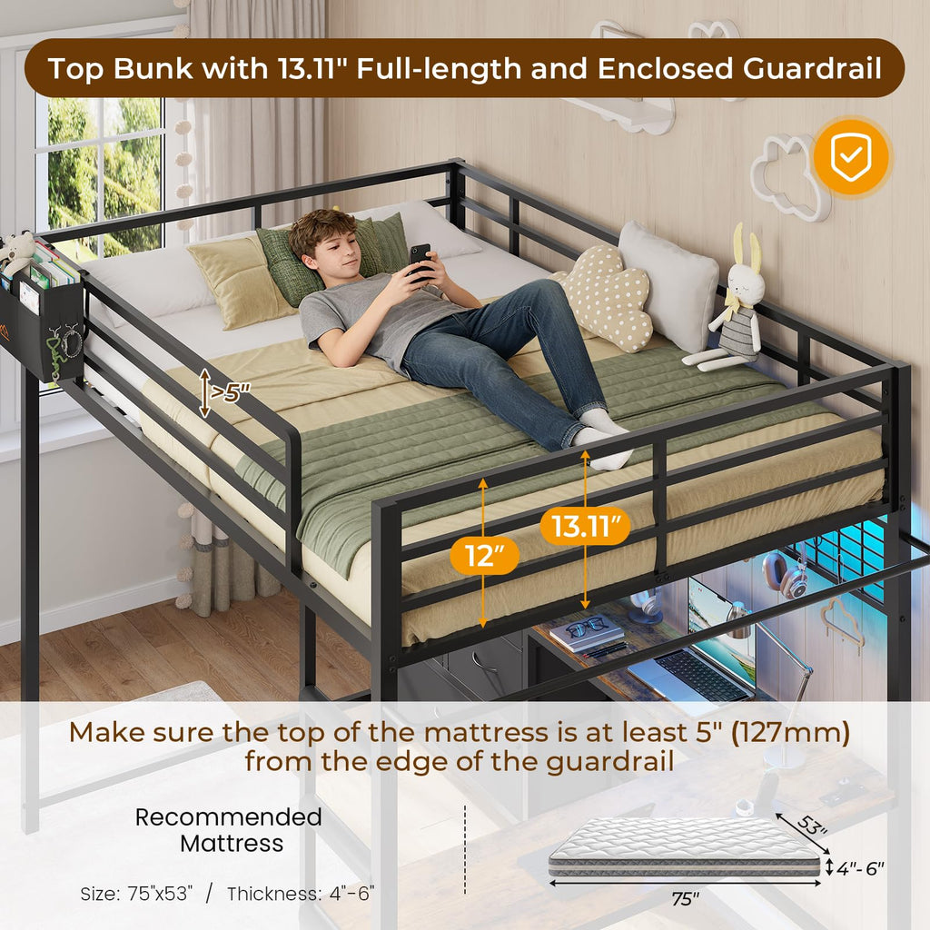 Full Size Loft Bed with L-Shaped Desk, 7 Storage Drawers, LED Lights and Charging Station, Black B6726