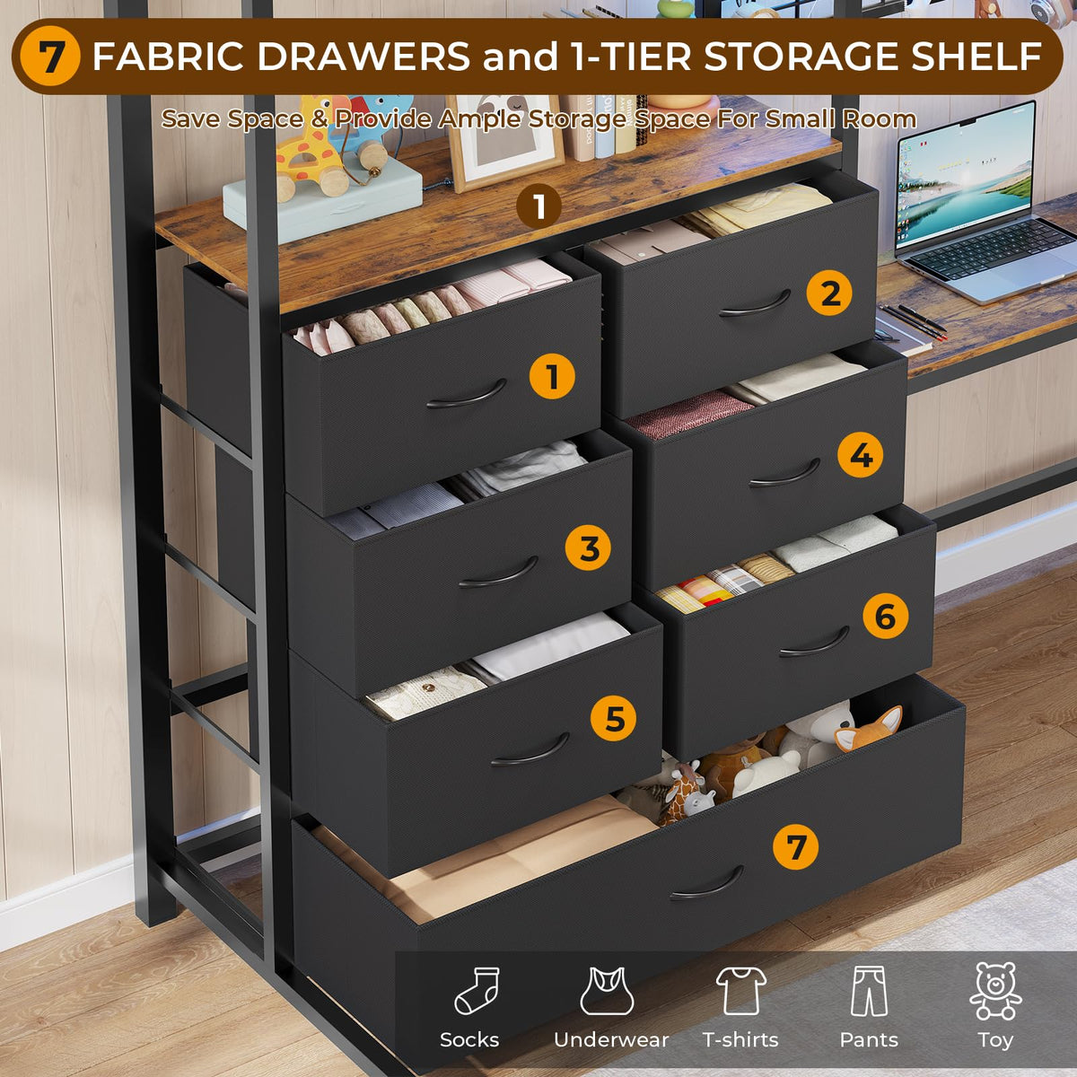 Full Size Loft Bed with L-Shaped Desk, 7 Storage Drawers, LED Lights and Charging Station, Black B6726