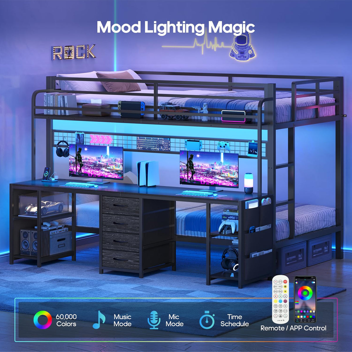 Twin Over Twin Bunk Bed with Desk and LED Lights W10889
