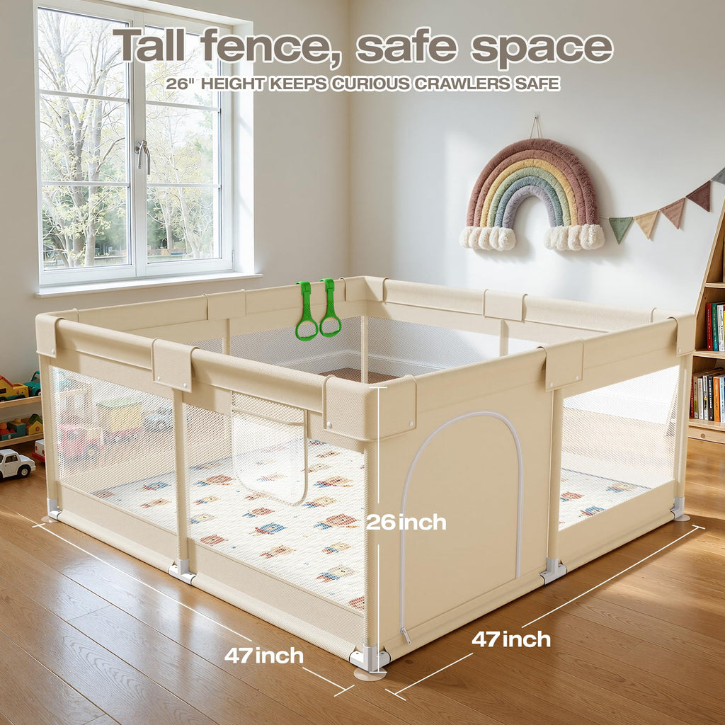 Baby Playpen with Mat, 47x47in Beige B8019