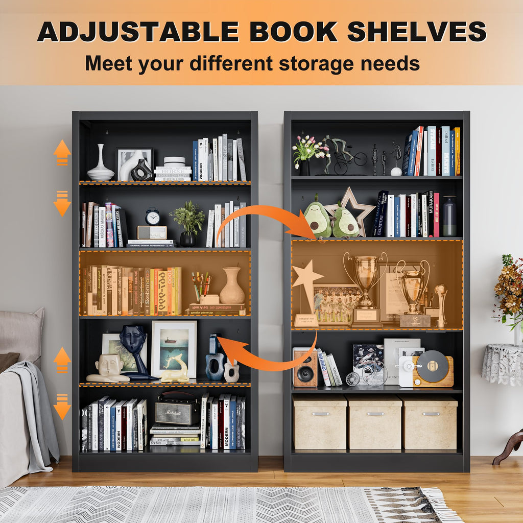 66" Tall Black Metal Bookcase with Adjustable Shelves Q1247