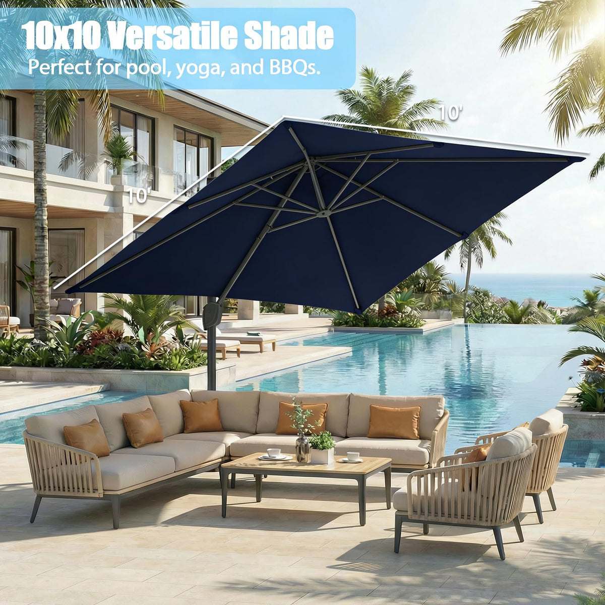 10 ft x 10 ft Navy Blue Cantilever Patio Umbrella D8945