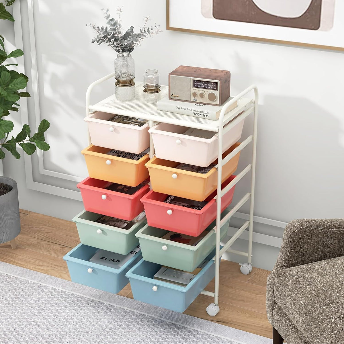 10 Drawer Rolling Storage Cart with Metal Frame F744