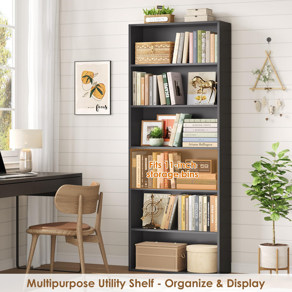 6 Tier Tall Black Bookshelf and Bookcase P936857
