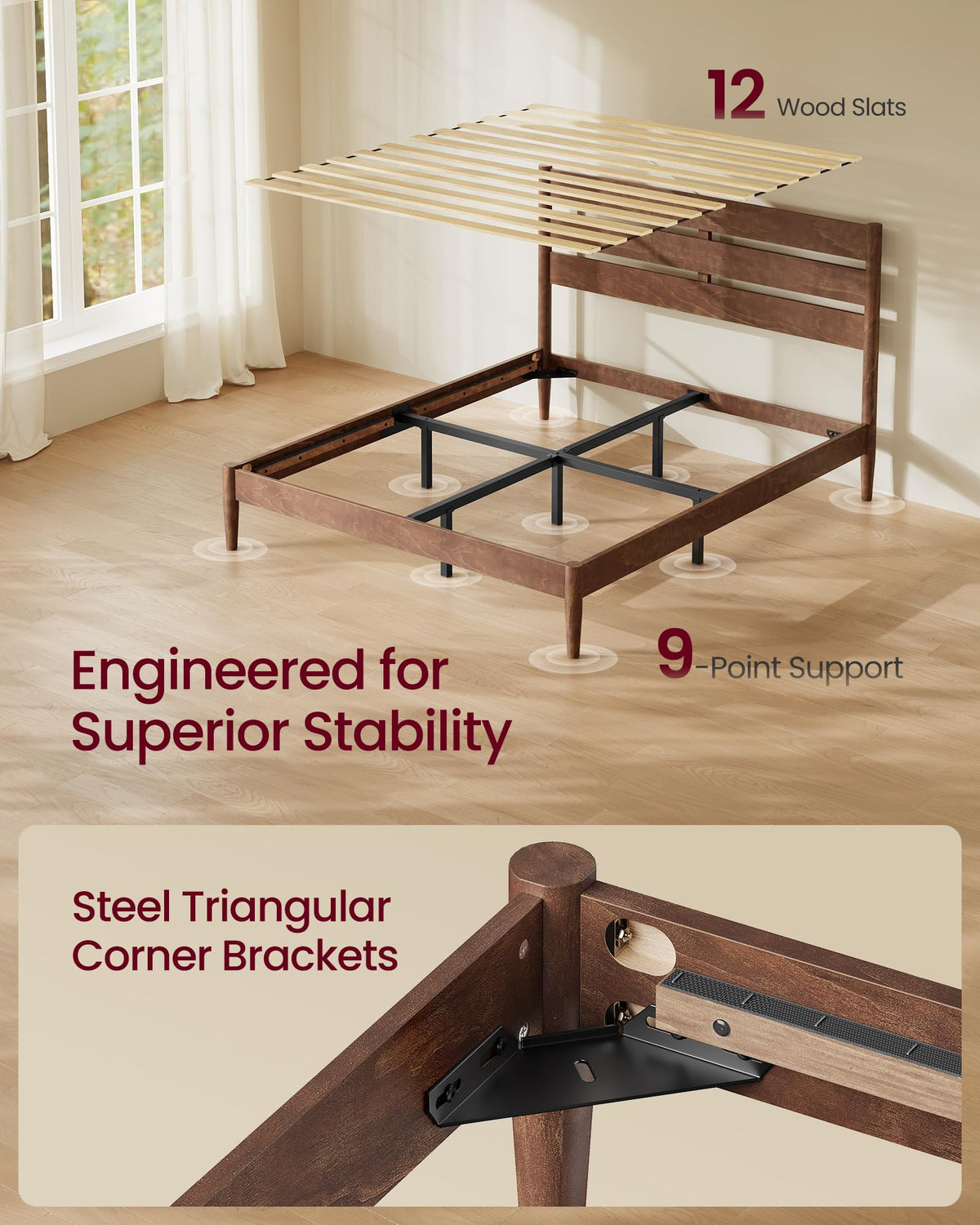 Full Wood Platform Bed with Headboard Storage Shelf J544