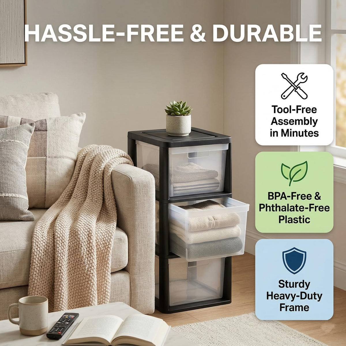 Black 3 Drawer Plastic Storage Tower with Clear Removable Bins B3506