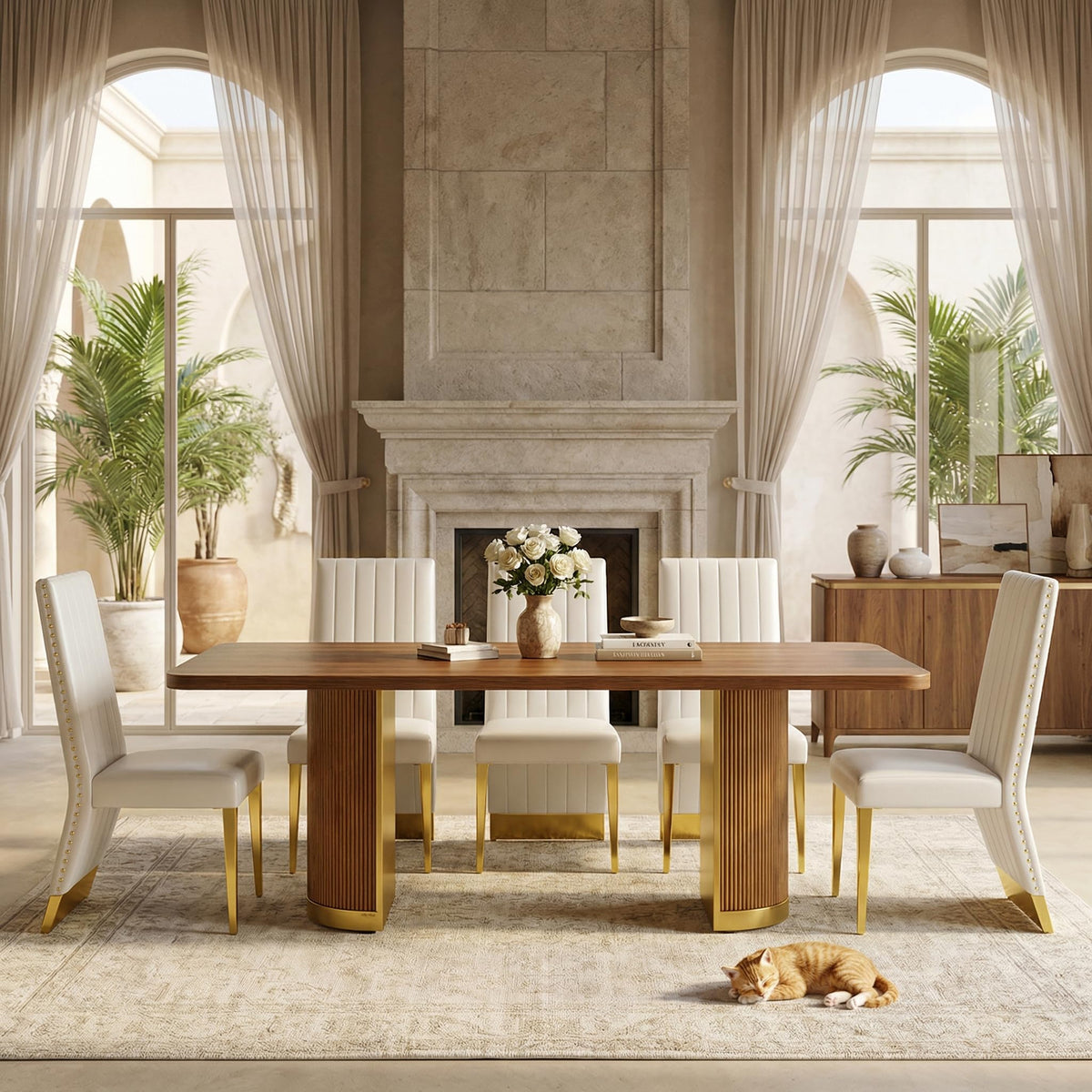 78" Walnut Dining Table Set with White Leather Chairs for 8 Y886