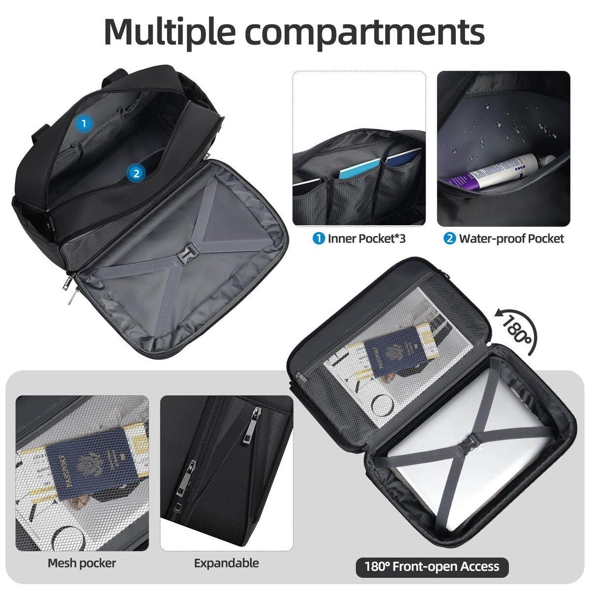 Black Expandable Carry-On Luggage Duffel Bag with Adjustable Strap C571