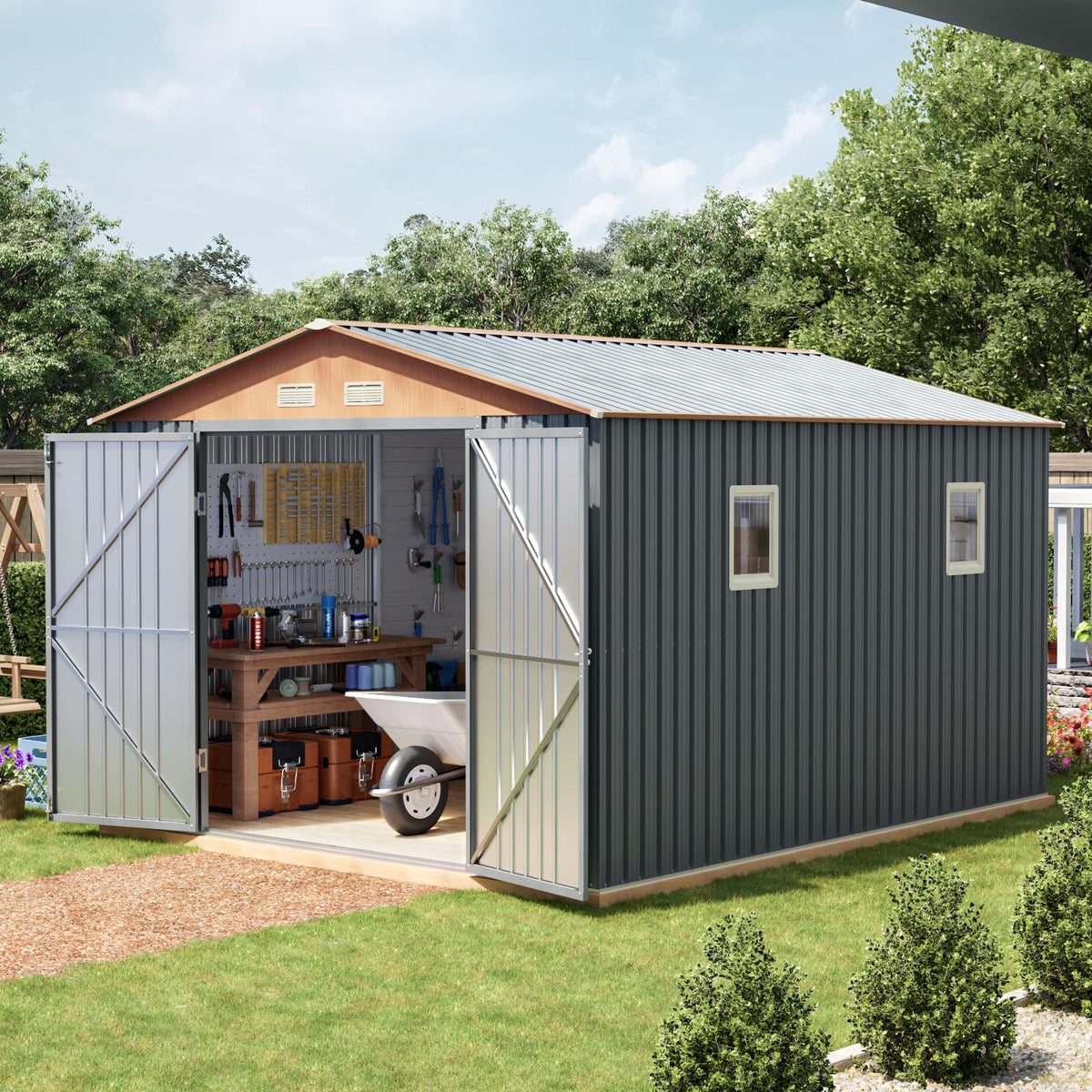 10x12x7.4FT Outdoor Storage Shed with Lockable Doors O42657