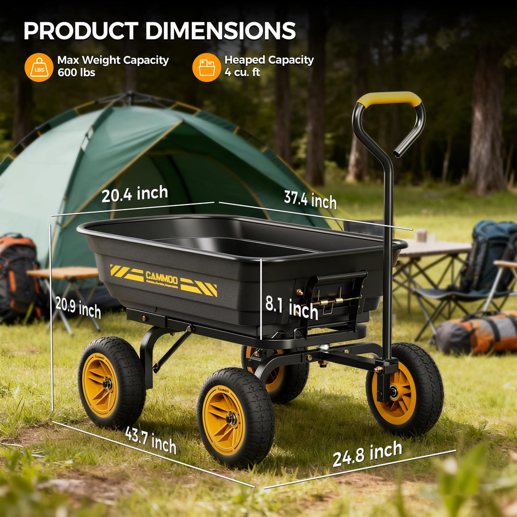 10-in No-Flat Tires 600lb Garden Dump Cart 4 Cu.Ft Wheelbarrow Black S67263