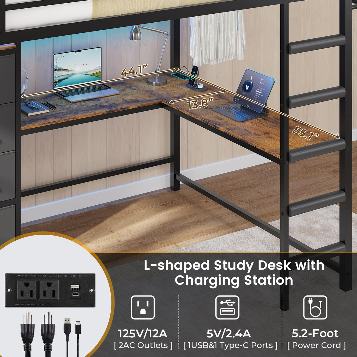 Full Size Loft Bed with L-Shaped Desk, 7 Storage Drawers, LED Lights and Charging Station, Black B6726