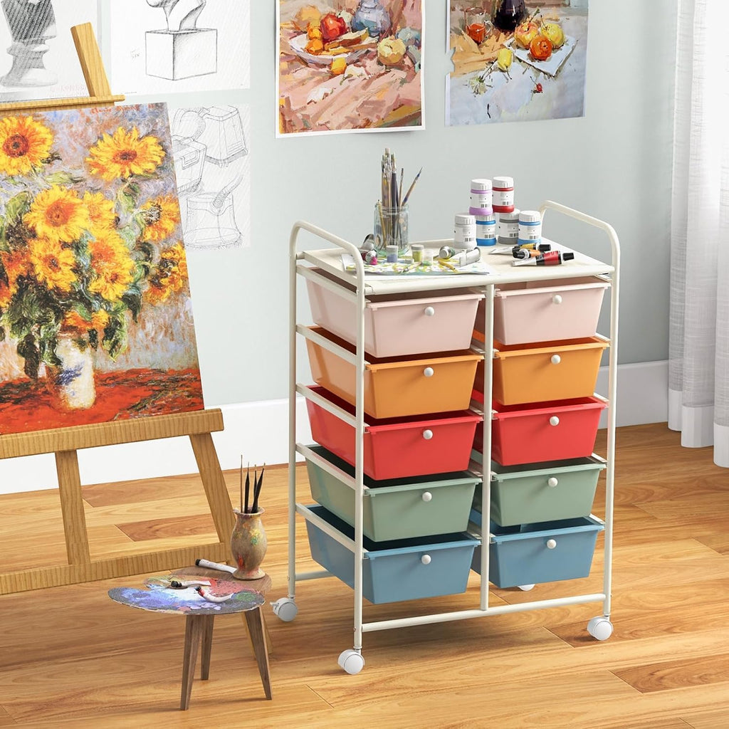 10 Drawer Rolling Storage Cart with Metal Frame F744