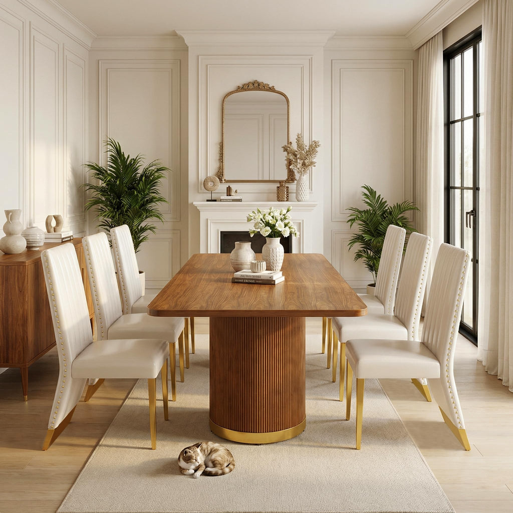 78" Walnut Dining Table Set with White Leather Chairs for 8 Y886