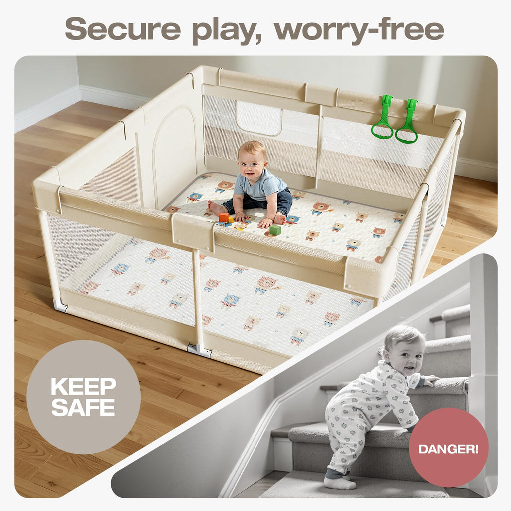 Baby Playpen with Mat, 47x47in Beige B8019