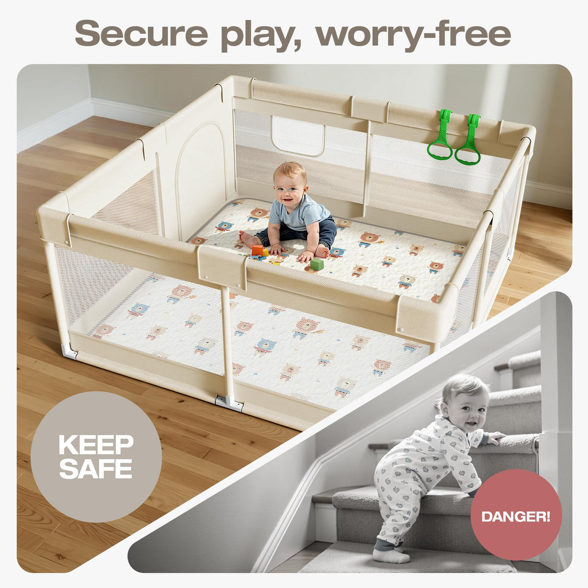 Baby Playpen with Mat, 47x47in Beige B8019