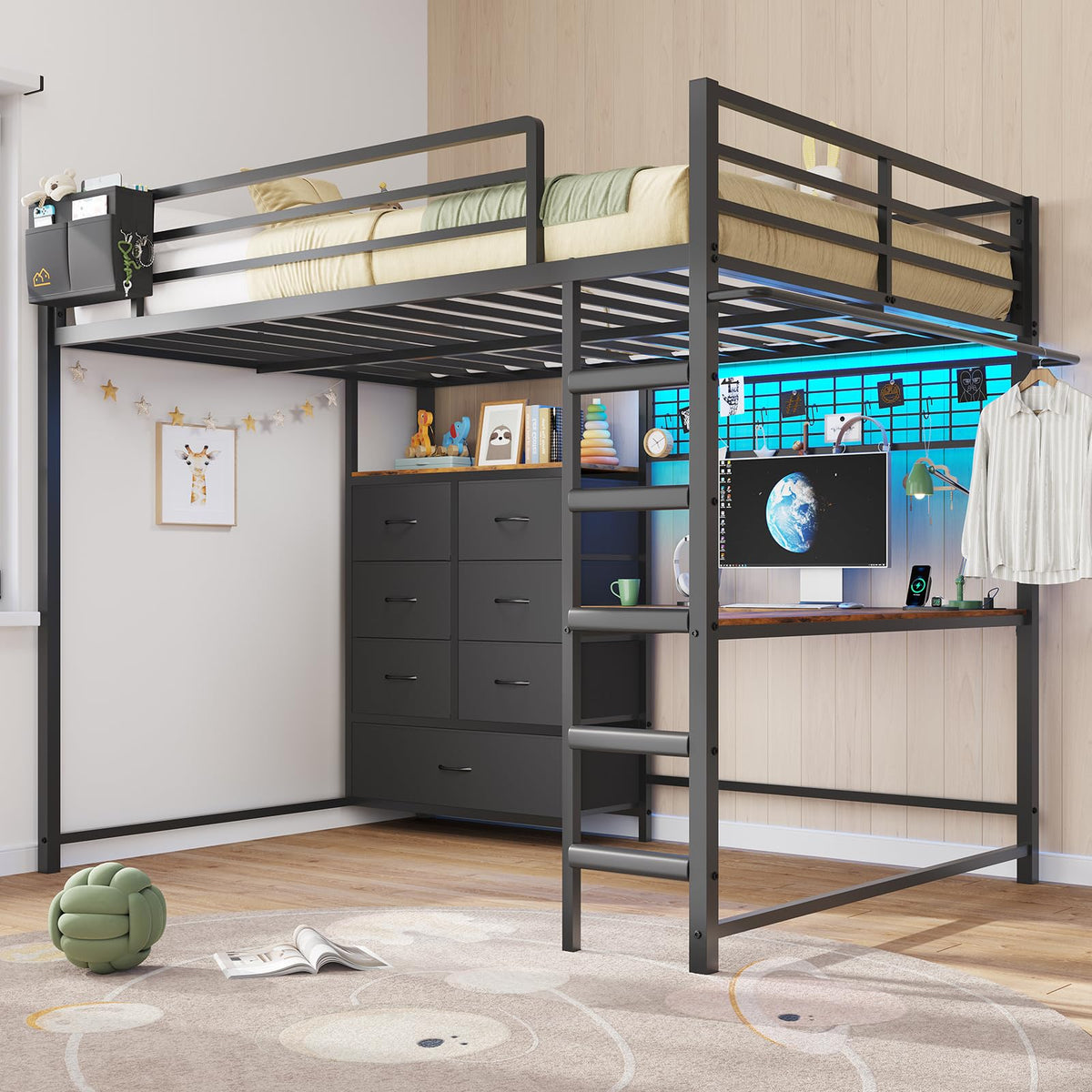 Full Size Loft Bed with L-Shaped Desk, 7 Storage Drawers, LED Lights and Charging Station, Black B6726
