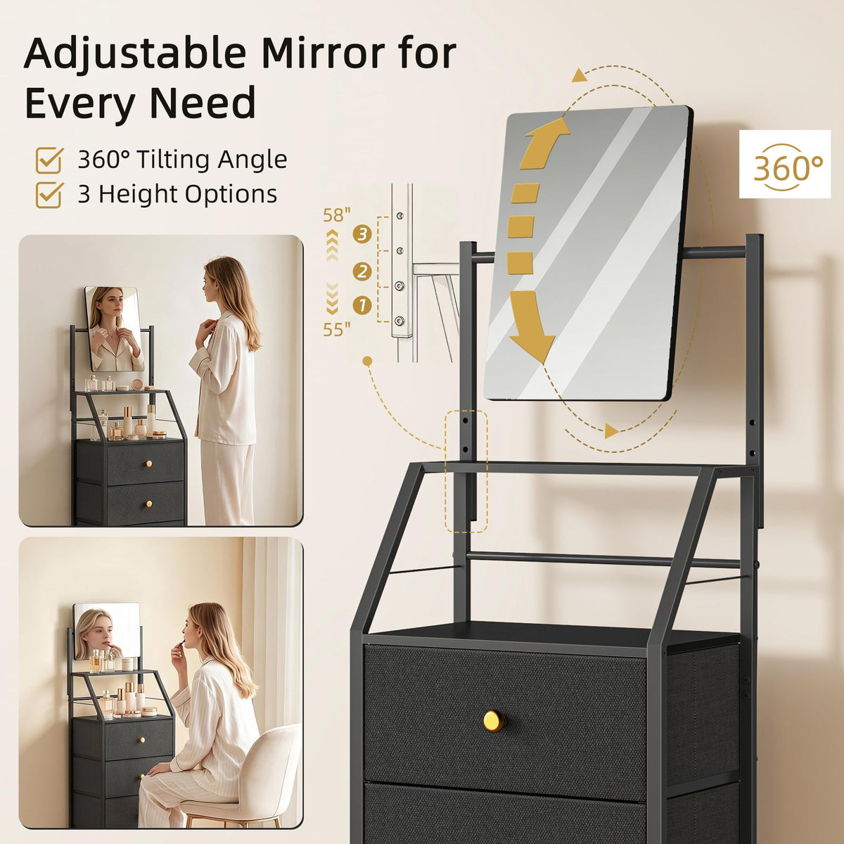 Black 4 Drawer Vanity Dresser with Adjustable Mirror S4620