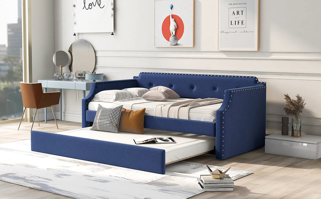 Blue Linen Upholstered Daybed with Trundle Twin Size R4261