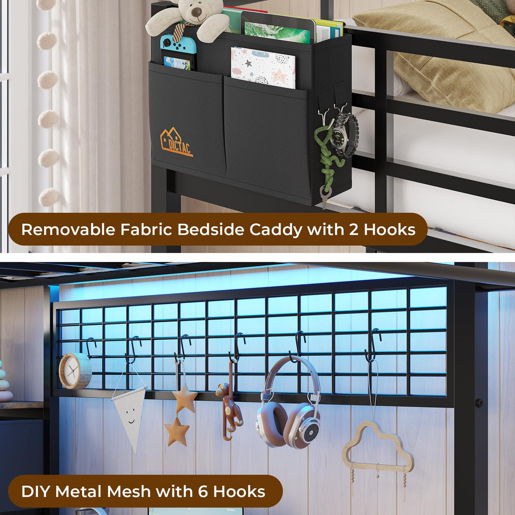 Full Size Loft Bed with L-Shaped Desk, 7 Storage Drawers, LED Lights and Charging Station, Black B6726