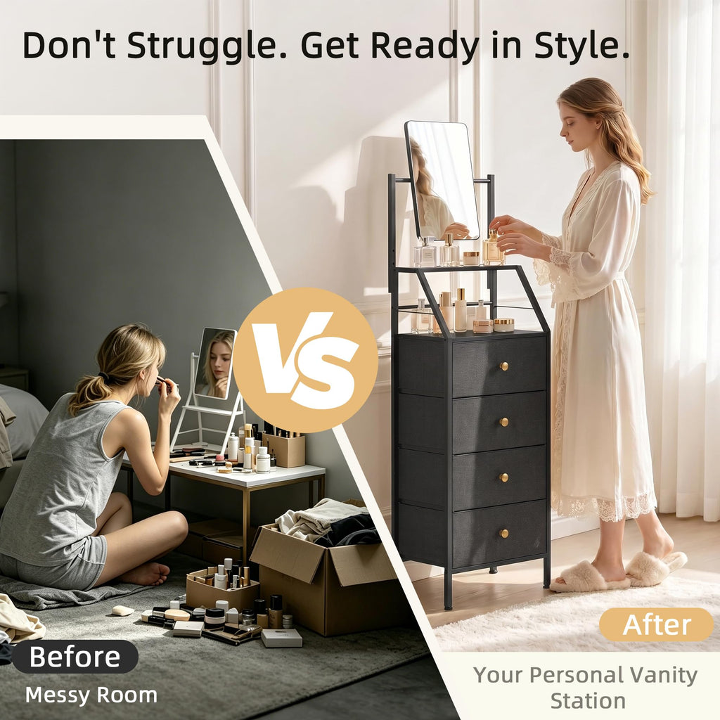 Black 4 Drawer Vanity Dresser with Adjustable Mirror S4620