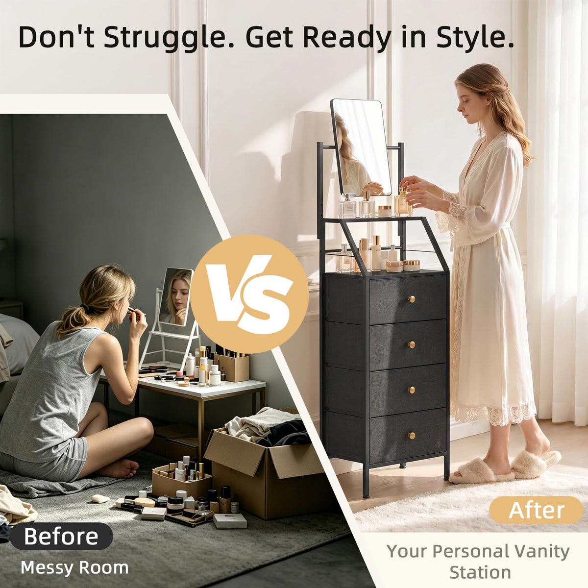 Black 4 Drawer Vanity Dresser with Adjustable Mirror S4620