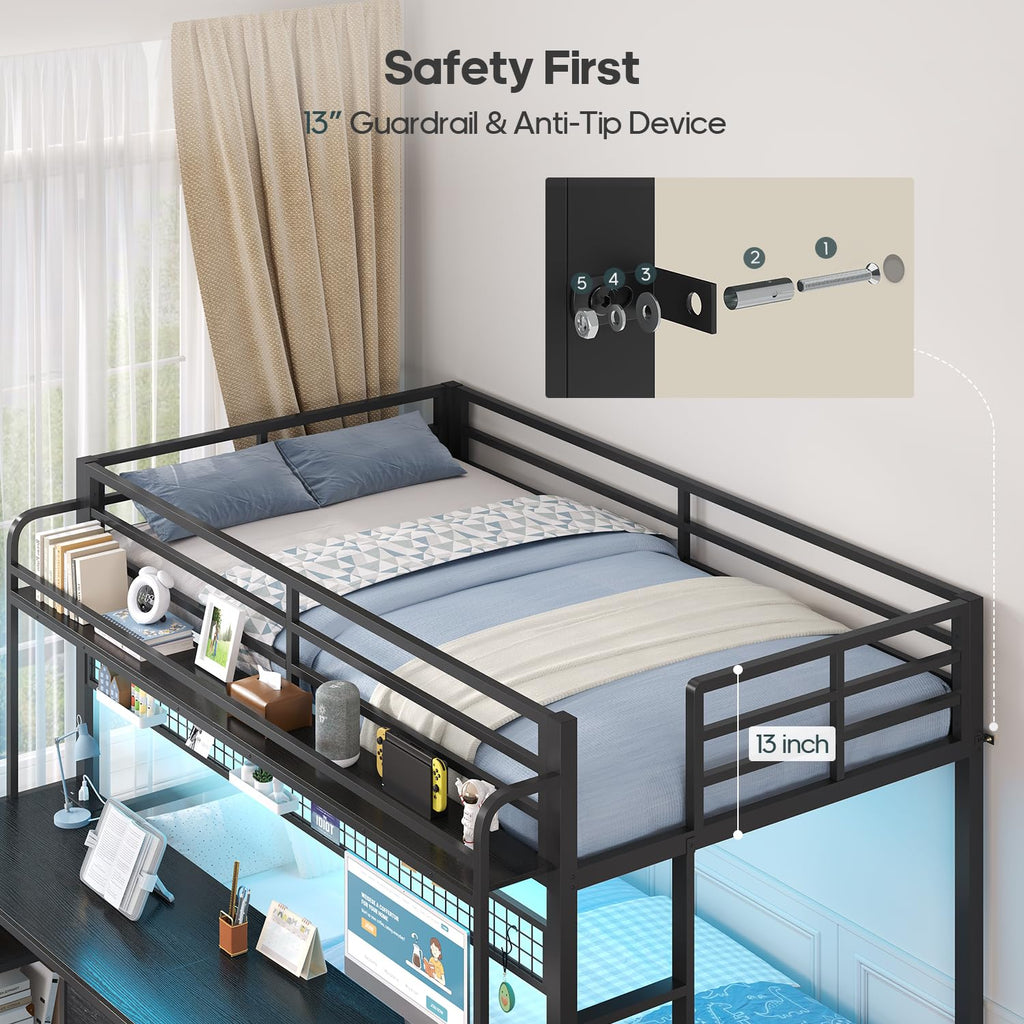 Twin Over Twin Bunk Bed with Desk and LED Lights W10889