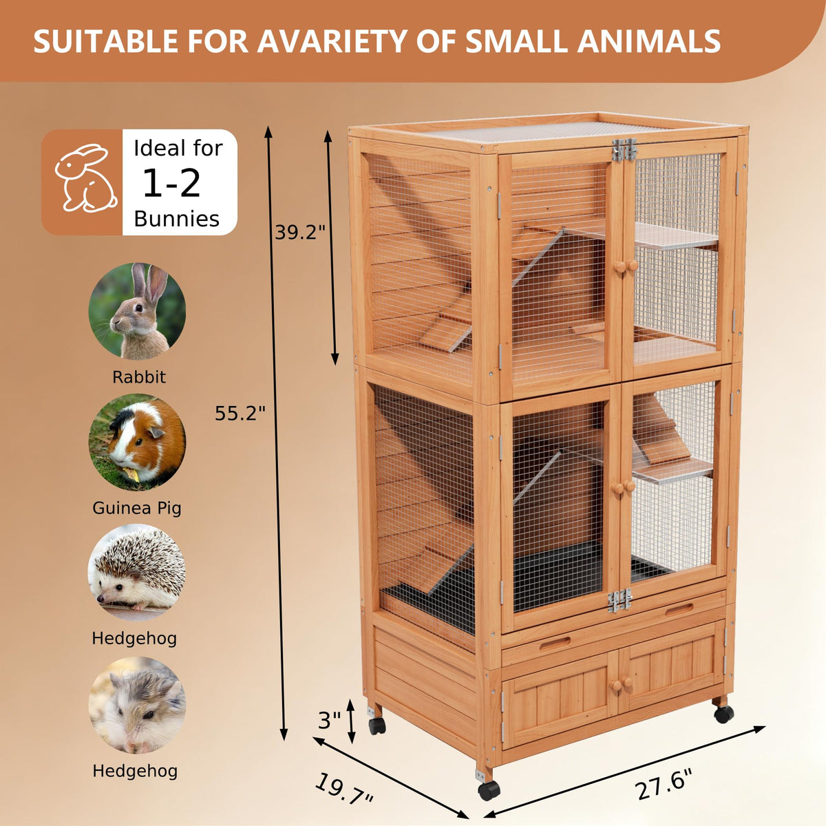 2-Story Wooden Rabbit Hutch with Ramp, Trays & Wheels Z669371