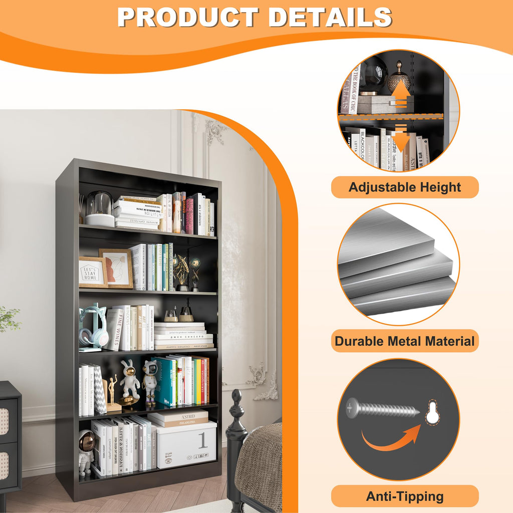 66" Tall Black Metal Bookcase with Adjustable Shelves Q1247