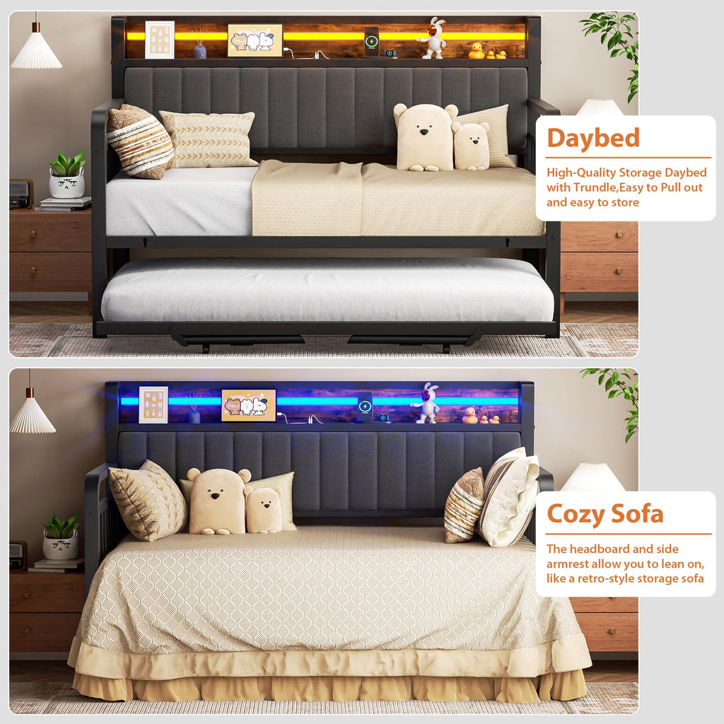 Brown Metal Daybed with Trundle and Storage Headboard Z7701