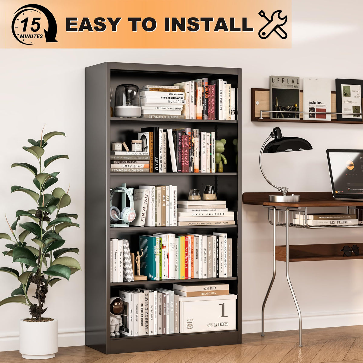 66" Tall Black Metal Bookcase with Adjustable Shelves Q1247