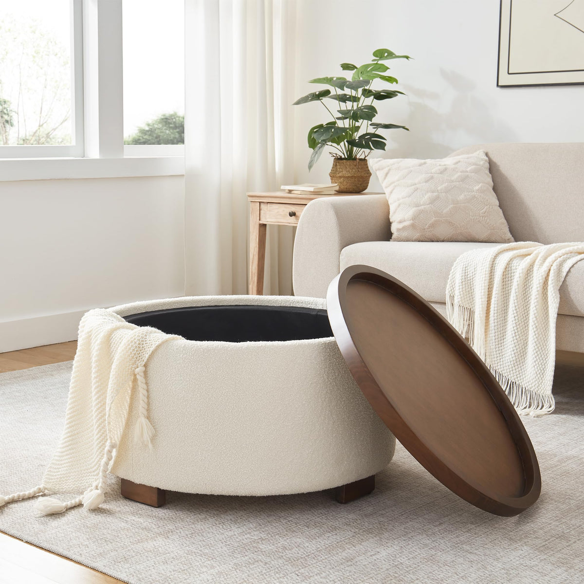 30 Inch Round Boucle Storage Ottoman E695206