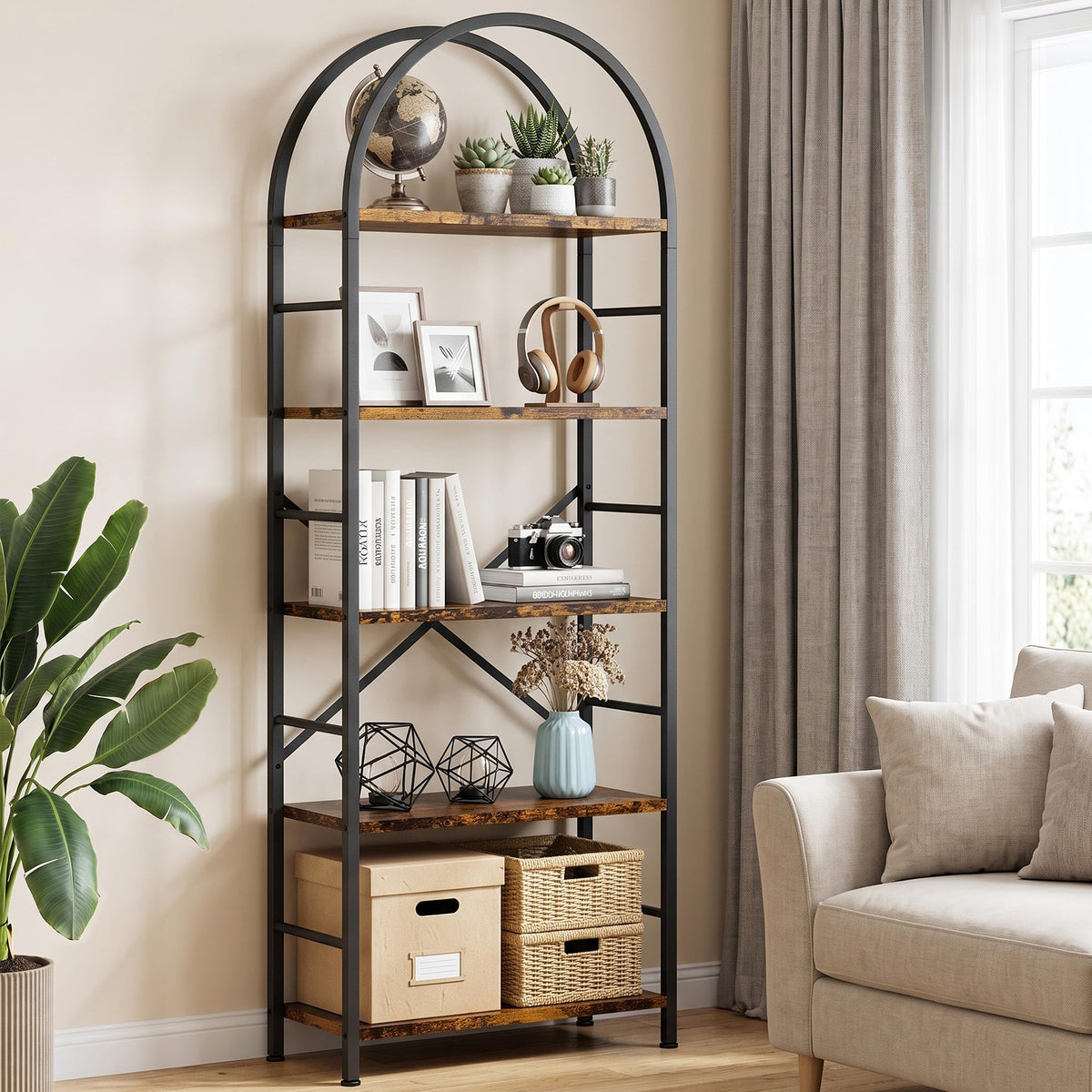 5 Tier Rustic Brown Bookshelf with Metal Frame T25088