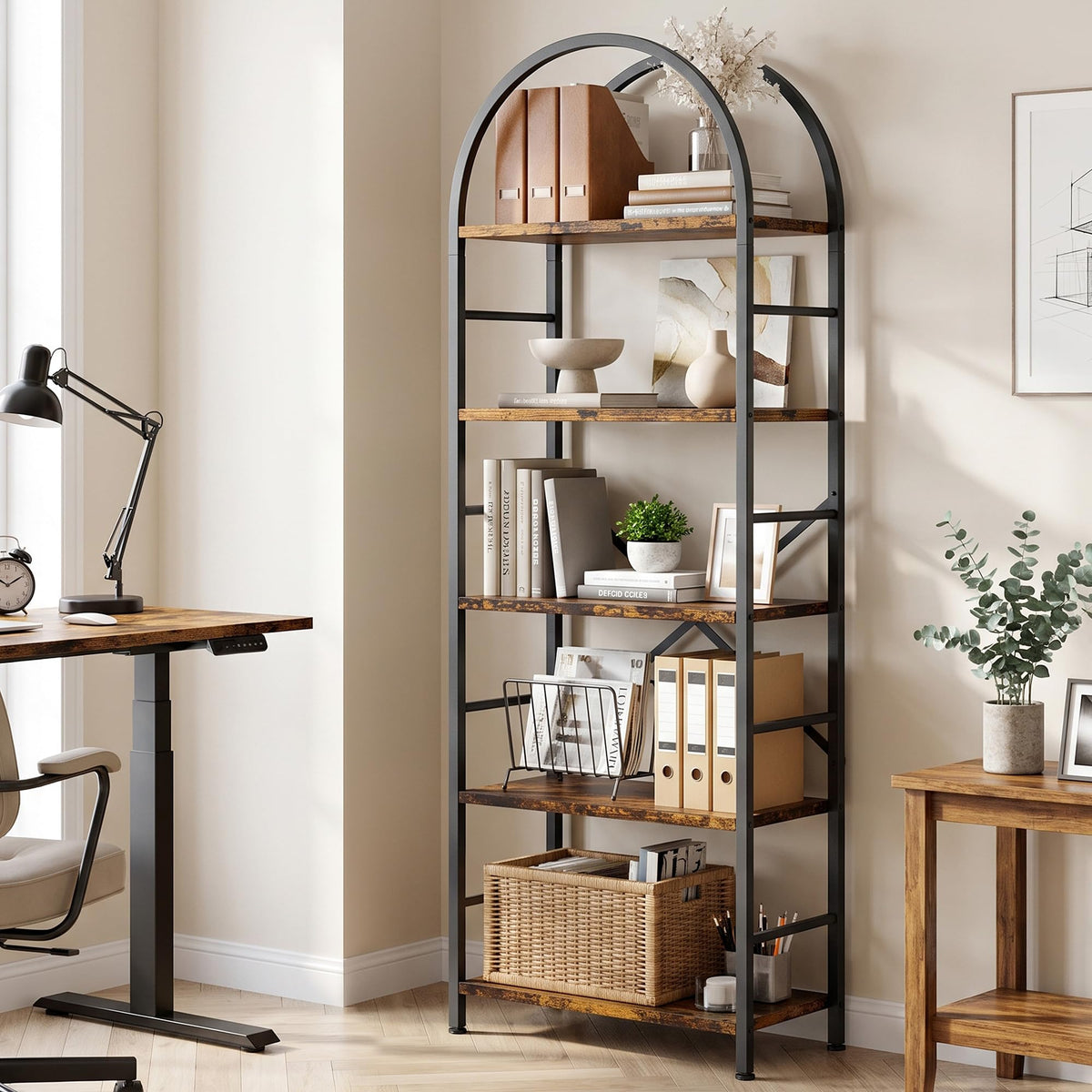 5 Tier Rustic Brown Bookshelf with Metal Frame T25088