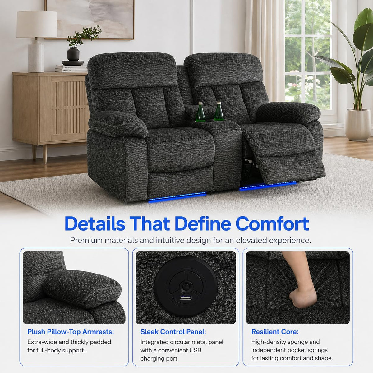 Gray Wool 3 Piece Power Reclining Sofa Set with USB Ports and LED Lights I1930