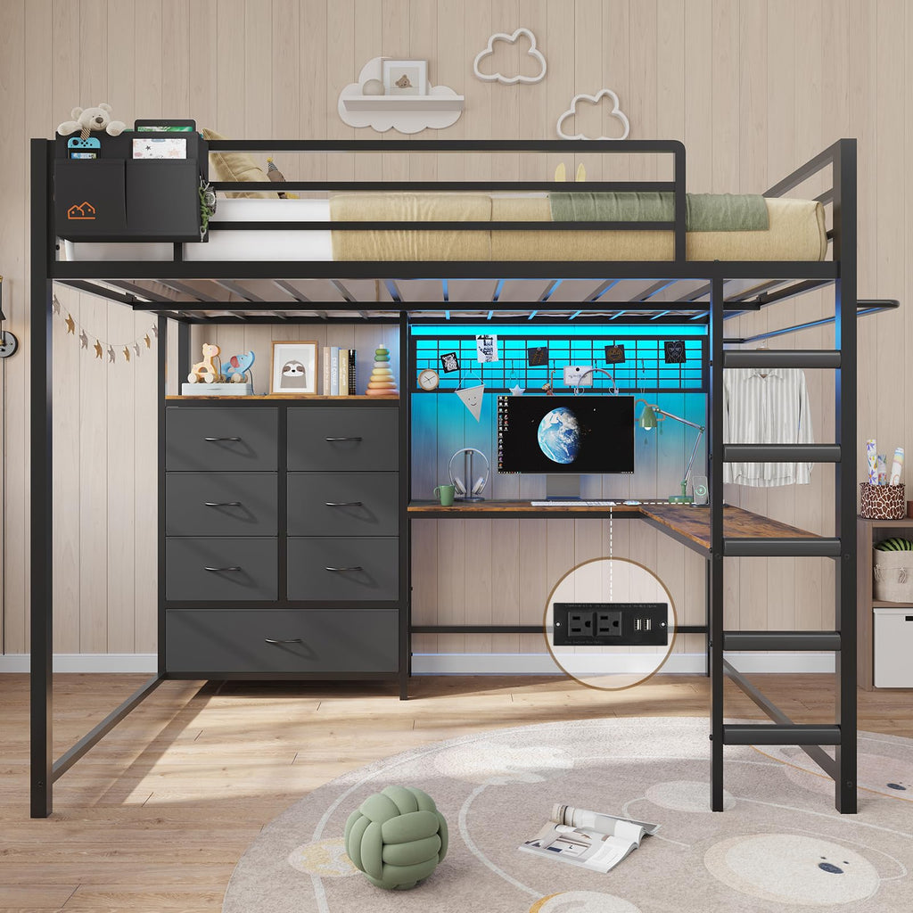 Full Size Loft Bed with L-Shaped Desk, 7 Storage Drawers, LED Lights and Charging Station, Black B6726