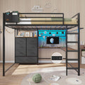 Full Size Loft Bed with L-Shaped Desk, 7 Storage Drawers, LED Lights and Charging Station, Black B6726