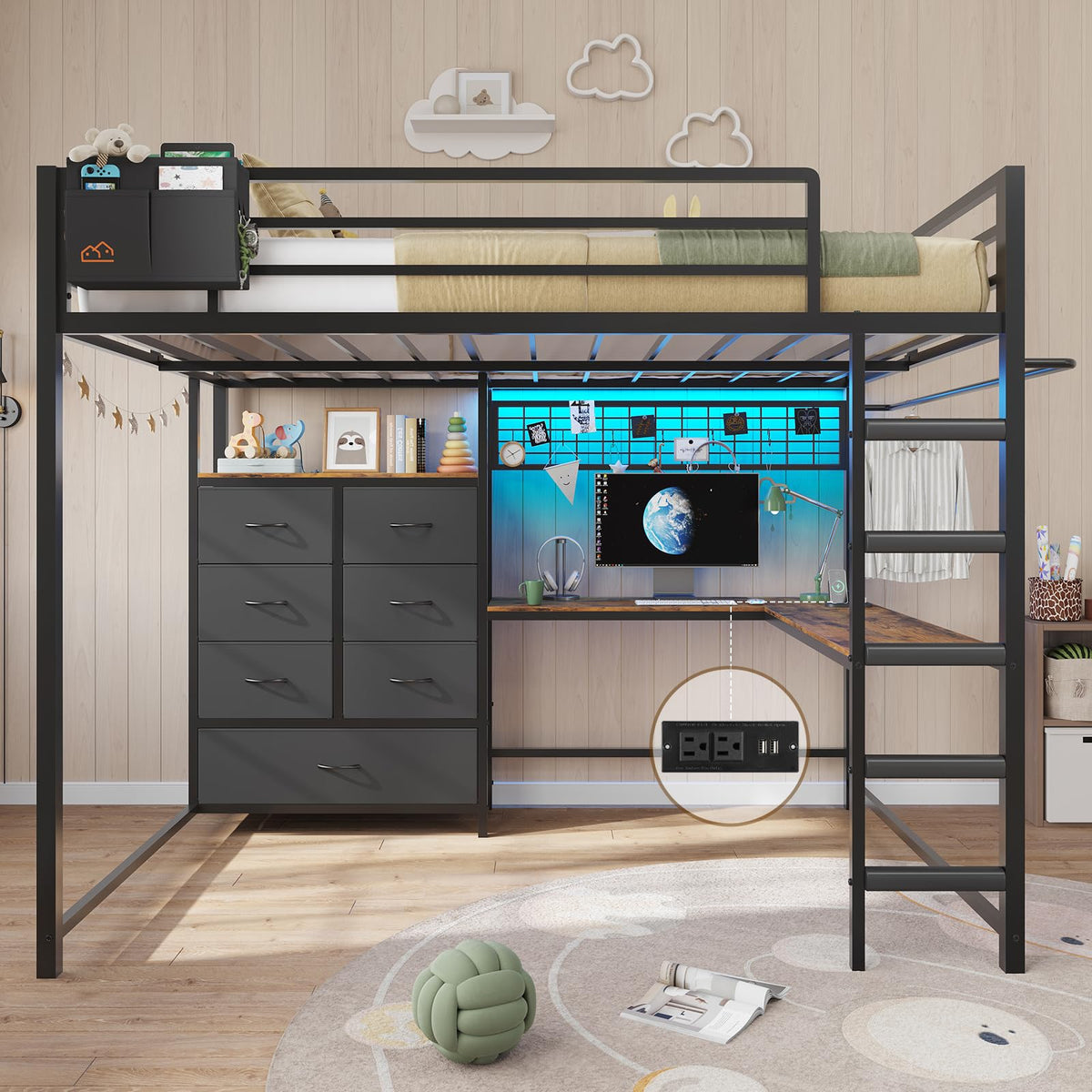 Full Size Loft Bed with L-Shaped Desk, 7 Storage Drawers, LED Lights and Charging Station, Black B6726