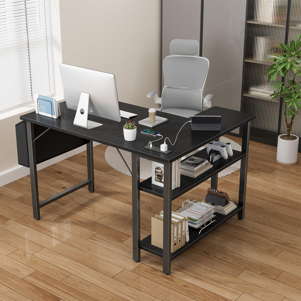 Black 40 Inch L Shaped Corner Computer Desk with Power Outlet Q90728