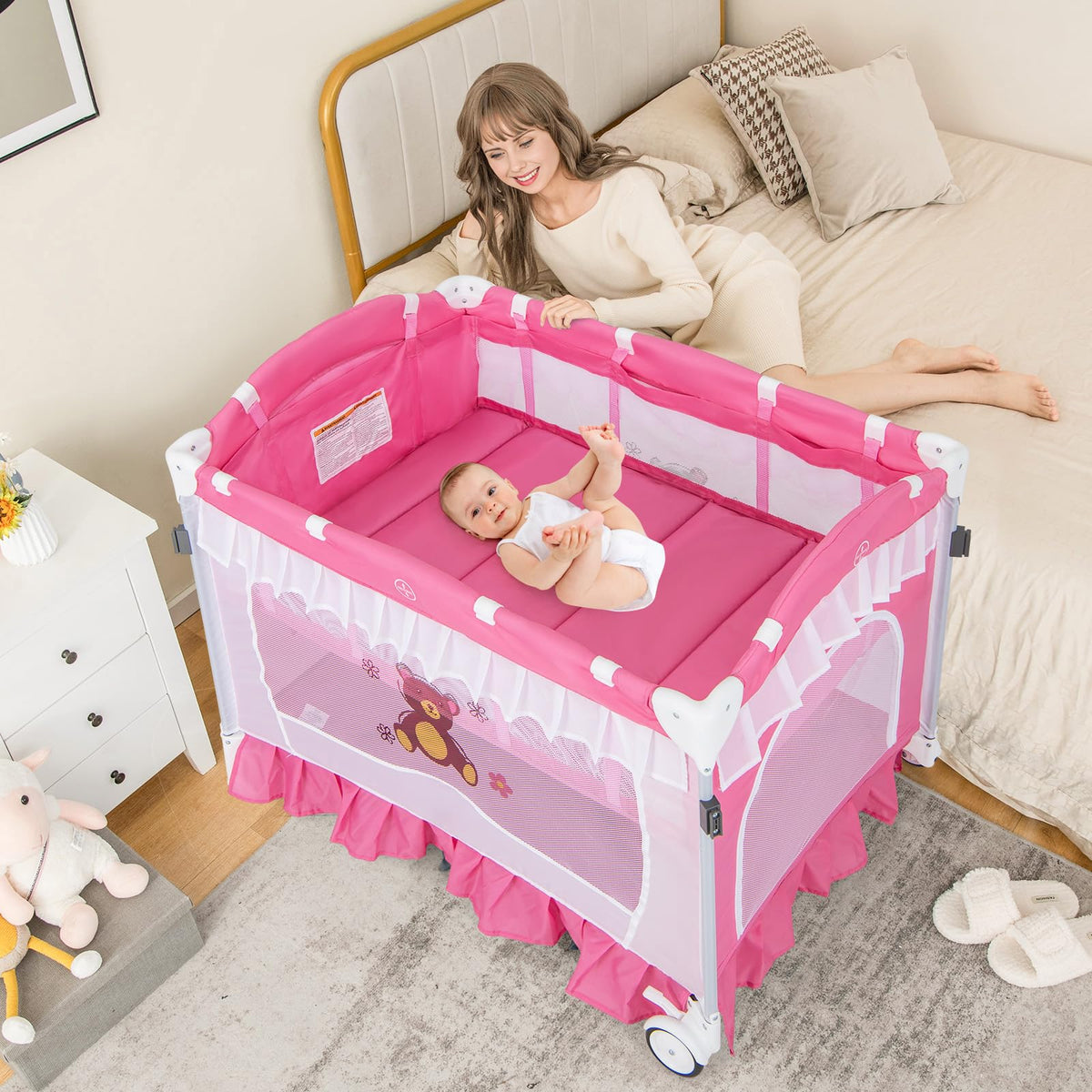 4-in-1 Pack and Play with Canopy, Changing Table and Bassinet, Hot Pink D278