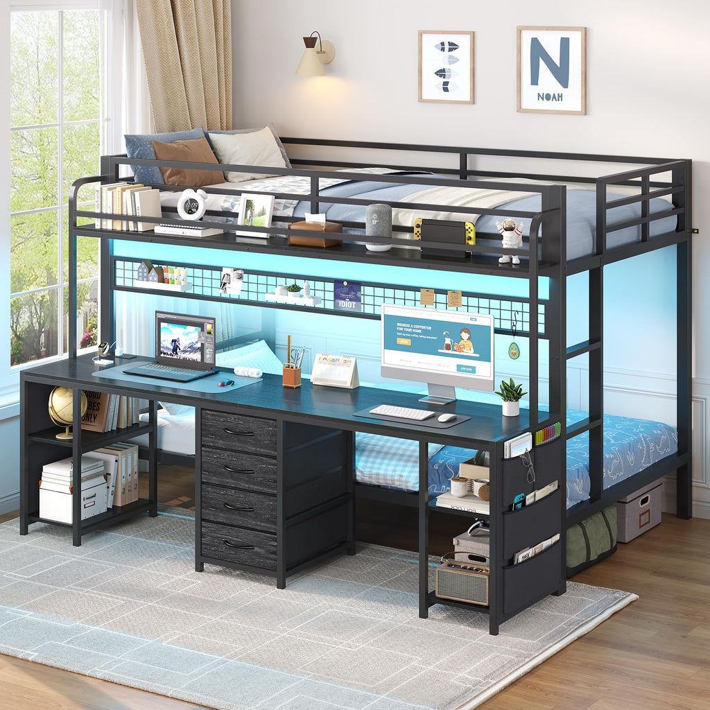 Twin Over Twin Bunk Bed with Desk and LED Lights W10889