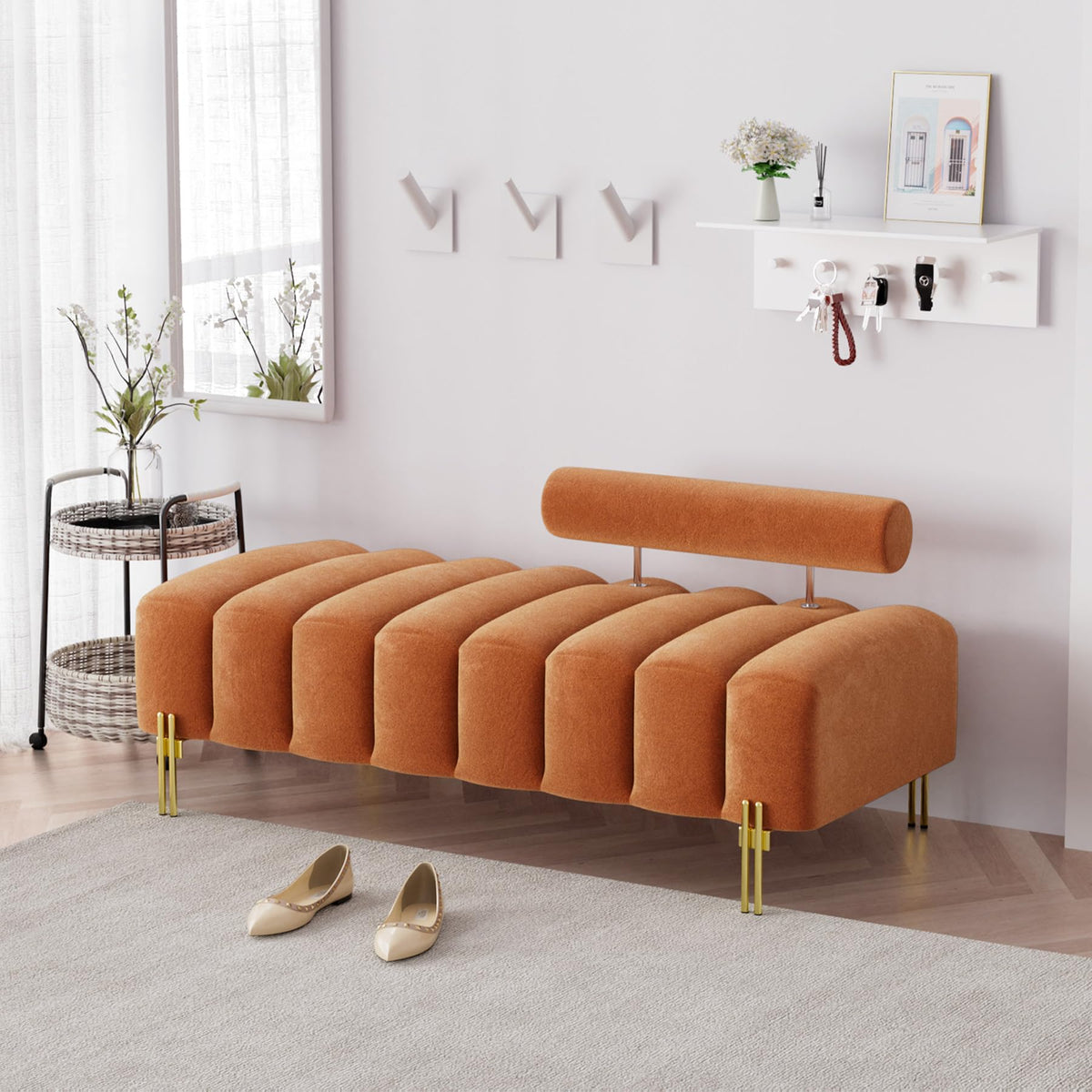 Velvet Upholstered Bench Ottoman with Adjustable Backrest O3154
