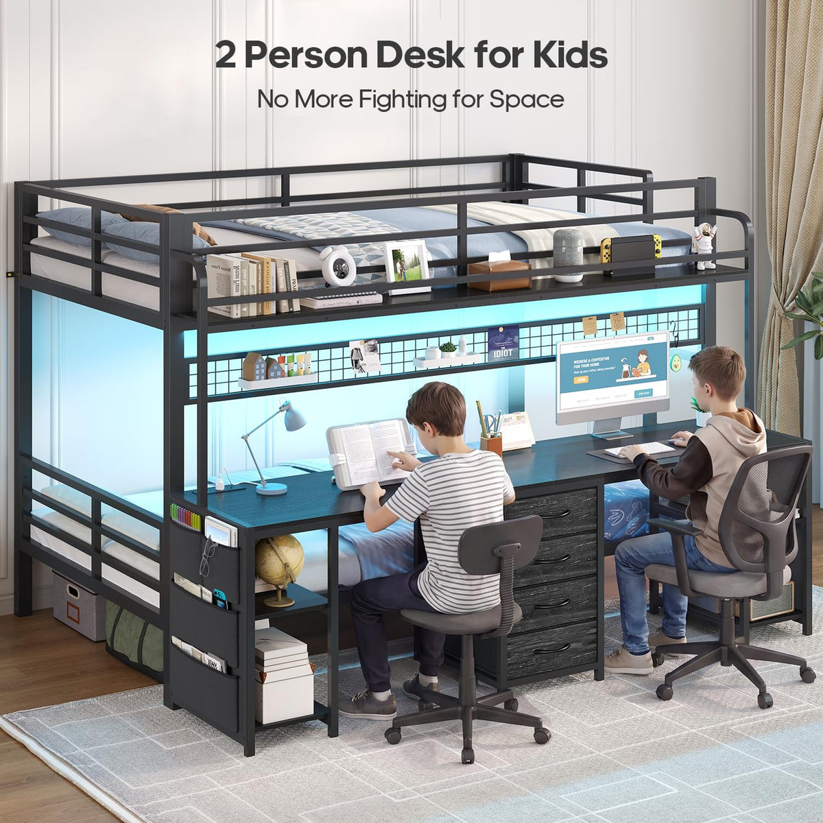 Twin Over Twin Bunk Bed with Desk and LED Lights W10889
