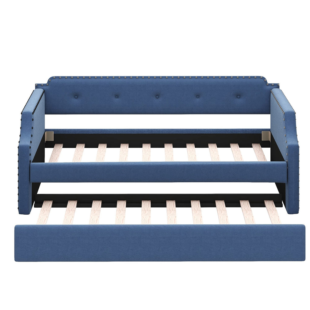 Blue Linen Upholstered Daybed with Trundle Twin Size R4261