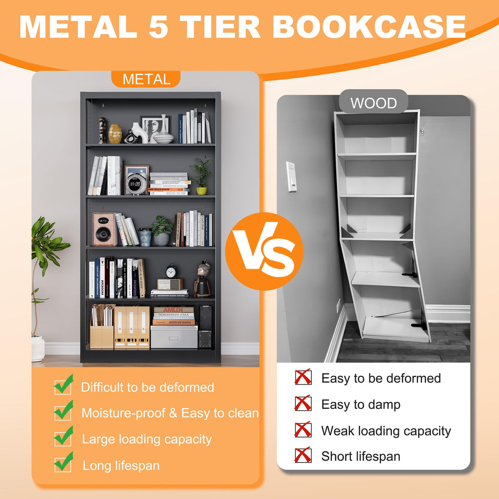 66" Tall Black Metal Bookcase with Adjustable Shelves Q1247