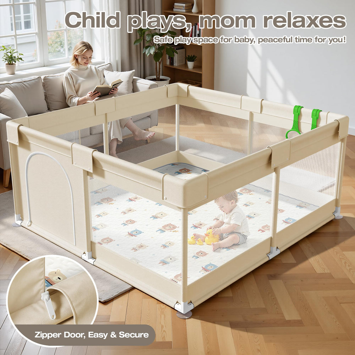 Baby Playpen with Mat, 47x47in Beige B8019