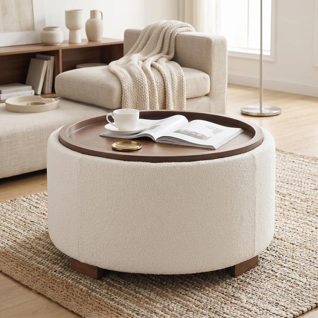 30 Inch Round Boucle Storage Ottoman E695206